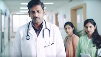 Cropped Image of Mature Male Doctor with His Team or Patients in Hospital Corridor. . photo