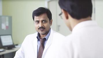 Cropped Image of Mid Aged Male Doctor Talking to His Colleague in Hospital Cabin or Clinic. . photo