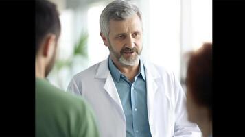 recortado imagen de medio Envejecido profesional masculino médico hablando a paciente o juniors en hospital, generativo ai. foto