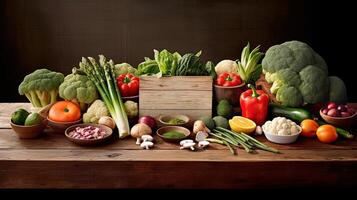 Healthy and Vegan Food Assortment of Fresh Vegetables and Empty Sign Board on Wooden Table. Digital Illustration photo