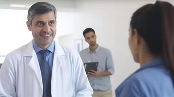 Closeup Portrait of Medical Professionals Communicating Each Other in Hospital Area, . photo