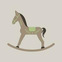 Vector retro rocking kids toy brown horse with branches and heart decoration isolated on beige background.