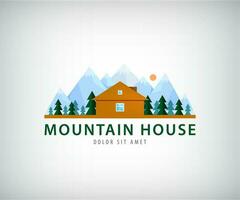 Wooden house flat design vector illustration. Logo for company trademark. House logo at the foot of the mountain, icon for the real estate company