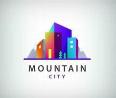 Vector city with mountains logo, modern buildings icon