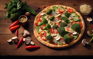 Closeup view of Delicious Vegan Pizza with Vegetable on Wooden Table Top. Digital Illustration. photo