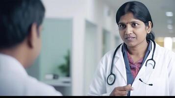 recortado foto de hembra médico hablando a su paciente o colega en hospital pasillo. generativo ai.