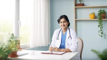 Portrait of Mid Aged Female Doctor Sitting at Desk in Hospital Office or Clinic. . photo