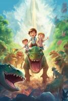 alegre linda Niños montando dinosaurio dibujos animados a brillante naturaleza antecedentes. generativo ai digital ilustración. foto