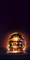 Glowing Golden Casino Slot Machine with Winning Combination of Triple Seven. Casino Games Concept, Lucky One Armed Bandit. Vertical Banner Design and Copy Space. Technology. photo