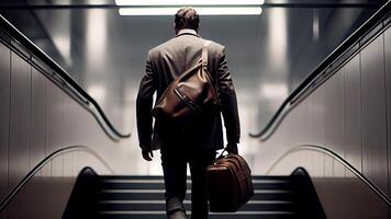 Back View of Businessman Carrying Two Bags Walk Up Stairs in Interior Building or Station. Technology. photo