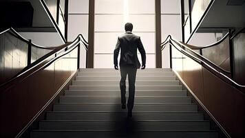 Back View of Businessman Climbing Stairs Towards the Lights Door Background. Success and Leadership Concept. Technology. photo