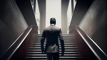 Back View of Businessman Climbing Stairs Towards the Lights Door Background. Success and Leadership Concept. Technology. photo