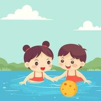 contento chico y niña personaje jugando pelota en agua para piscina fiesta en verano día festivo. vector