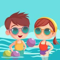 contento chico y niña personaje vestir gafas de protección y jugando pelota en agua para piscina fiesta en verano día festivo. vector
