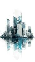 Watercolor Abstract Modern City Skyline Building of Metropolitan Area Reflection Background. photo