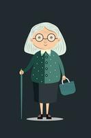 Elderly Woman Standing With Bag And Walking Stick On Blue Background. vector