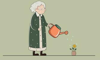 Elderly Woman Character Pouring Water To Plant From A Watering Can On Pastel Green Background. vector