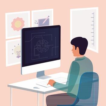 Portrait of Male Graphic Designer Working On Computer At Workplace And Peach Background. vector