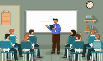 Portrait of Male Giving Presentation from Digital Tablet in High Class. Happy Teachers Day Concept. vector