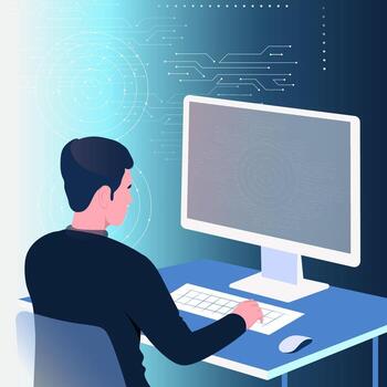 Character of Male Graphic Designer Working On Computer At Workplace And Blue Circuit Background. vector