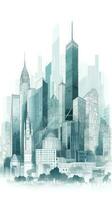 Green Watercolor Abstract Modern City Skyline Building of Metropolitan Area. photo