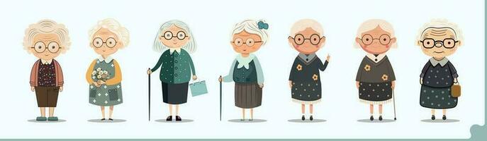 Set of Elderly Women Character Wearing Eyeglasses In Standing Position. vector