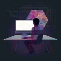 Portrait of Male Graphic Designer Working On Computer At Workplace And Abstract Background. vector