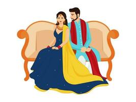 Happy Indian Wedding Couple Character Sit on Sofa in Traditional Attire. vector