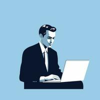 A Handsome Business Man Character Working With Laptop On Desk at Turquoise Background. vector