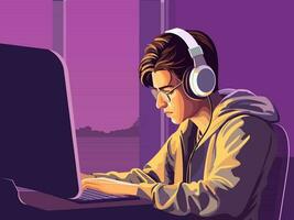 Teenager Boy Wearing Headphones, Using Computer At Workplace And Window Background. vector