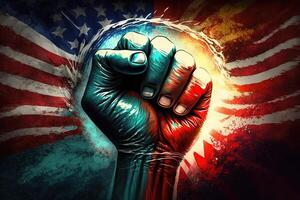 Watercolor Raising Human Fist Against USA National Flag Splashing Background. Conceot of Protest Resistance, Standing Up for Beliefs Fighting and Justice. . photo