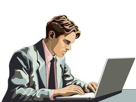 ilustración de empresario personaje utilizando ordenador portátil a escritorio en blanco antecedentes. vector