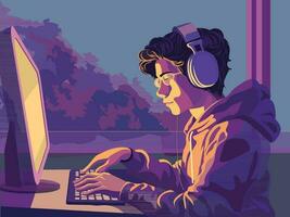 Teenager Boy Wearing Headphones And Using Computer At Workplace In Interior View. vector