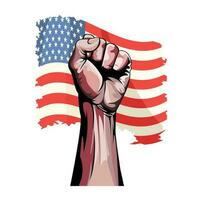 Isolated Raising Human Fist Against USA National Flag Background for Protest Resistance, Standing Up for Beliefs Fighting and Justice. vector
