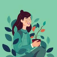 Portrait of Happy Woman Character Holding Plant Potted in Garden. vector