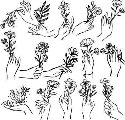 Set Collection Hand Drawn Ink Hand with Floral Line Art Illustration vector