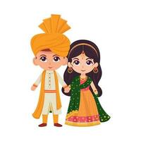 Cute Indian Wedding Couple Character Wearing Traditional Attire in Standing Pose. vector