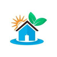 logo home with sun and green leaves vector