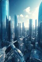 Amazing Futuristic City with Skyscrapers Buildings Against Background of Sky Clouds, Blue Tone. Technology. photo