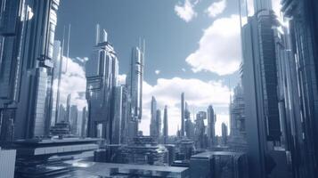 Amazing Futuristic City with Skyscrapers Buildings Against Background of Sky Clouds, Blue Tone. Technology. photo