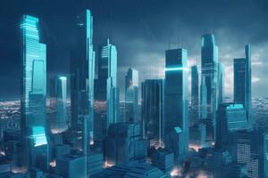 Amazing Futuristic City with Skyscrapers Buildings in Background, Blue Tone. Technology. photo