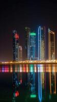 deslumbrante noche panorámico ver de abu dhabi horizonte reflejando en el agua, increíble dubai turista destino. generativo ai tecnología. foto