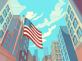 Low Angle View of American Flag Waving with Skyscraper Building of the City in Blue Sky Background. USA National Festival Celebration Banner Design. vector