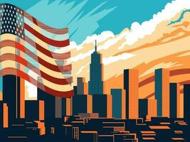 American Flag Waving with Skyscraper Building of the City in Blue and Orange Sky Background. USA National Festival Celebration Banner Design. vector