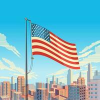 americano bandera ondulación con rascacielos edificio de el ciudad en azul cielo vista. Estados Unidos nacional festival celebracion póster diseño. vector