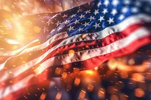 Patriotic Spirit of the United State with an American Flag Unfurled Against Background of Fireworks Celebrating Independence Day . photo