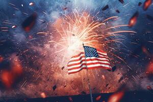 Patriotic Spirit of the United State with an American Flag Unfurled Against Background of Fireworks Celebrating Independence Day . photo