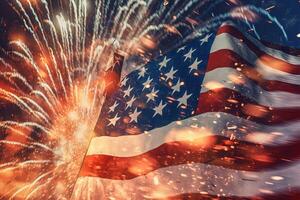 Patriotic Spirit of the United State with an American Flag Unfurled Against Background of Fireworks Celebrating Independence Day . photo