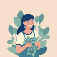 Portrait of Happy Woman Character in Green Leaves Background. vector