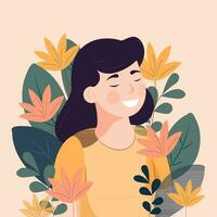 retrato de contento mujer personaje en floral antecedentes. vector